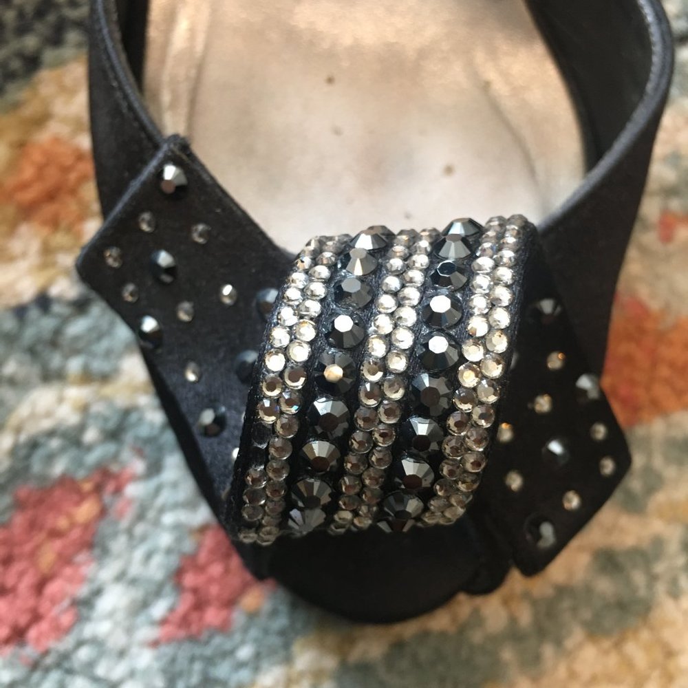 STUART WEITZMAN Black Satin Sling Back Pumps Heels Shoes Rhinestone Peep Toe 5 - Picture 9 of 9